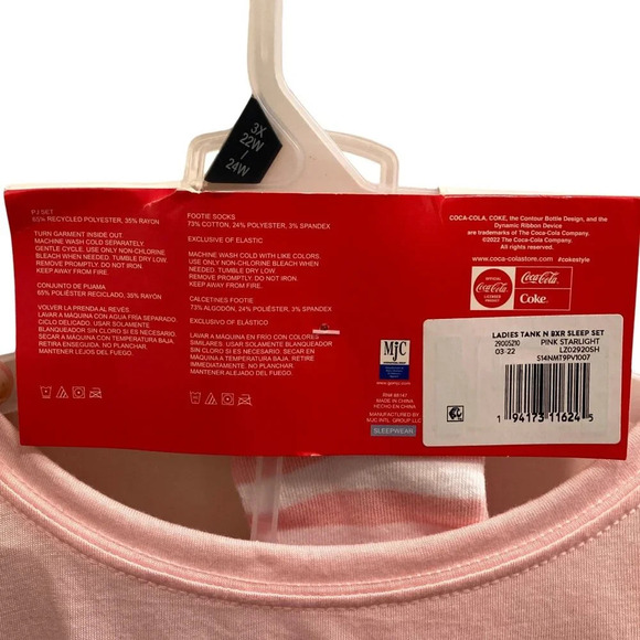 Coca-Cola 3 Piece Pajama Set, Size 3X, Pink Tank Top Shorts Socks, New w Defects - Picture 6 of 16